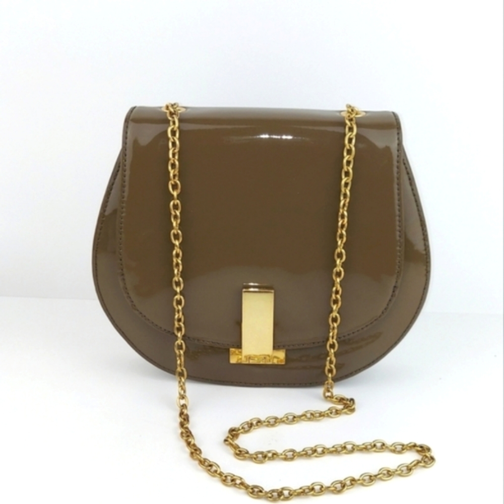Zac Posen Patent Magnetic Gold Bar Flap Chain Shoulder Bag Moss Brown